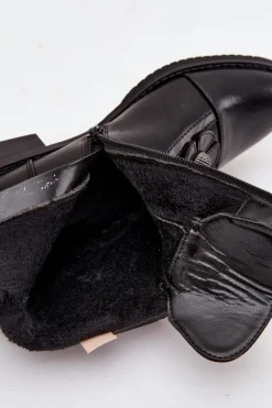 Outlet Boto Ocieplane Botki Damskie Na Płaskim Obcasie Z Ozdobnymi Kwiatkami Czarne Pravienne Czarny