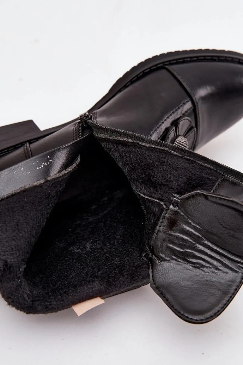 Outlet Boto Ocieplane Botki Damskie Na Płaskim Obcasie Z Ozdobnymi Kwiatkami Czarne Pravienne Czarny