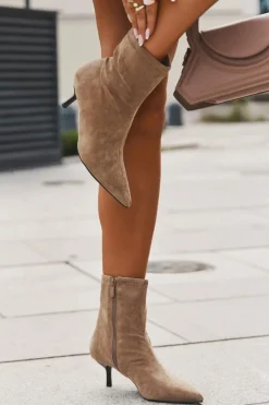 Online Ocieplane Botki Damskie Na Szpilce Eko Zamszowe Beżowe Belisse Damskie Botki Ocieplane|Botki Na Obcasie