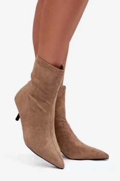 Online Ocieplane Botki Damskie Na Szpilce Eko Zamszowe Beżowe Belisse Damskie Botki Ocieplane|Botki Na Obcasie