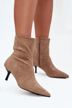 Online Ocieplane Botki Damskie Na Szpilce Eko Zamszowe Beżowe Belisse Damskie Botki Ocieplane|Botki Na Obcasie