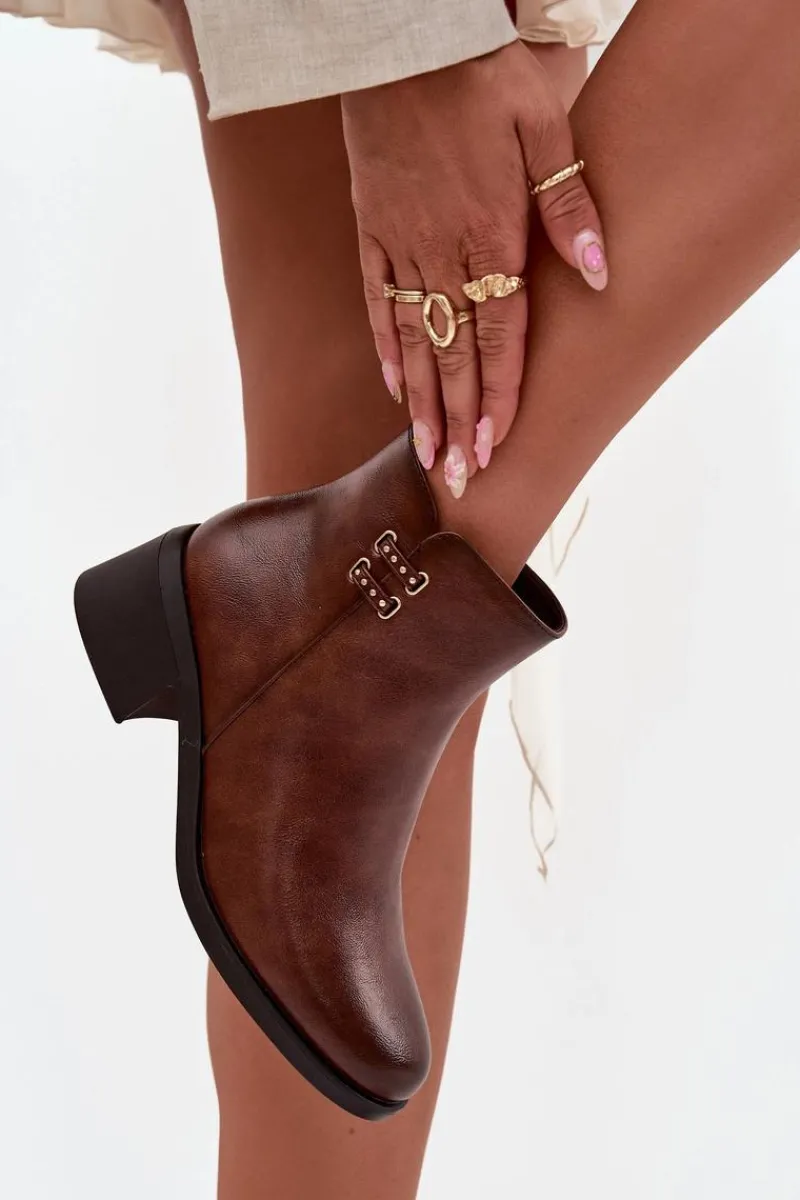 Outlet Ocieplane Botki Damskie Na Klocku Brązowe Delmira Damskie Botki Ocieplane|Czarne Botki