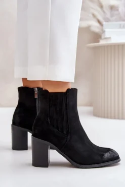 Outlet Boto Ocieplane Botki Damskie Na Słupku Eko Zamszowe Czarne Gudra