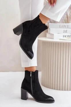 Outlet Boto Ocieplane Botki Damskie Na Słupku Eko Zamszowe Czarne Gudra