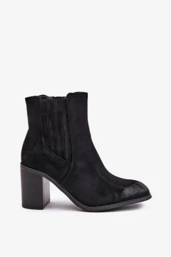 Outlet Boto Ocieplane Botki Damskie Na Słupku Eko Zamszowe Czarne Gudra