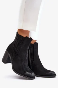 Outlet Boto Ocieplane Botki Damskie Na Słupku Eko Zamszowe Czarne Gudra