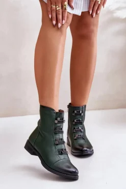 Discount Ocieplane Botki Damskie Na Zamek Zielone Evalith Damskie Botki Zimowe Damskie|Botki Płaskie