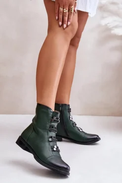 Discount Ocieplane Botki Damskie Na Zamek Zielone Evalith Damskie Botki Zimowe Damskie|Botki Płaskie