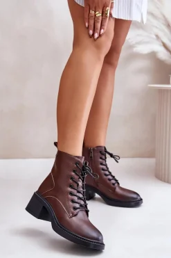 Botki Ocieplane|Botki Sznurowane>Buty damskie Vinceza Ocieplane Botki Damskie Na Niskim Obcasie Ze Skóry naturalnej Vinceza 66722 Brązowe