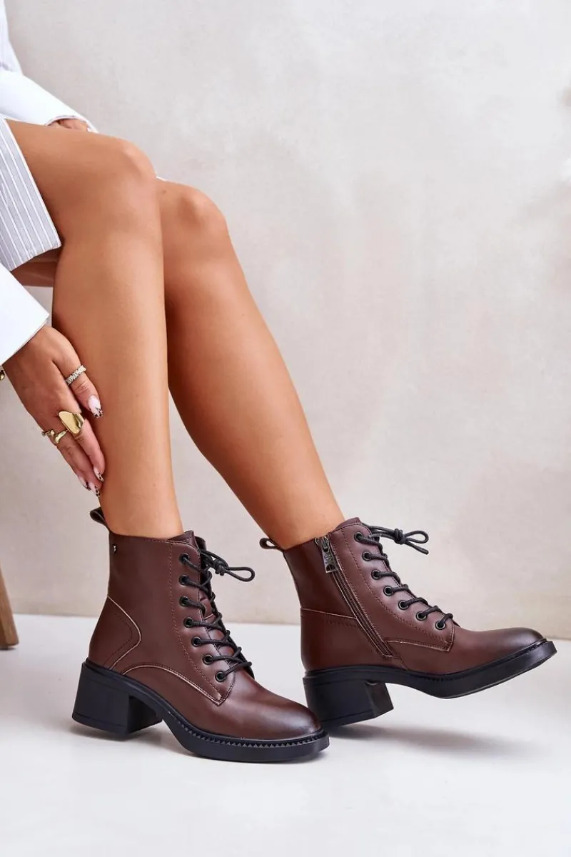 Botki Ocieplane|Botki Sznurowane>Buty damskie Vinceza Ocieplane Botki Damskie Na Niskim Obcasie Ze Skóry naturalnej Vinceza 66722 Brązowe