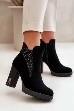 Botki Ocieplane|Botki Na Słupku>Boto Ocieplane Botki Damskie Na Wysokim Słupku Z Haftem Czarne Verissae