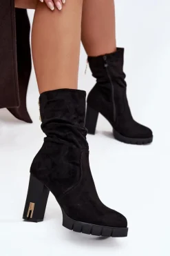 Botki Ocieplane|Botki Na Słupku>Boto Ocieplane Botki Damskie Na Słupku Ze Złotym Zamkiem I Marszczeniem Czarne Briannae