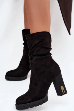 Botki Ocieplane|Botki Na Słupku>Boto Ocieplane Botki Damskie Na Słupku Ze Złotym Zamkiem I Marszczeniem Czarne Briannae