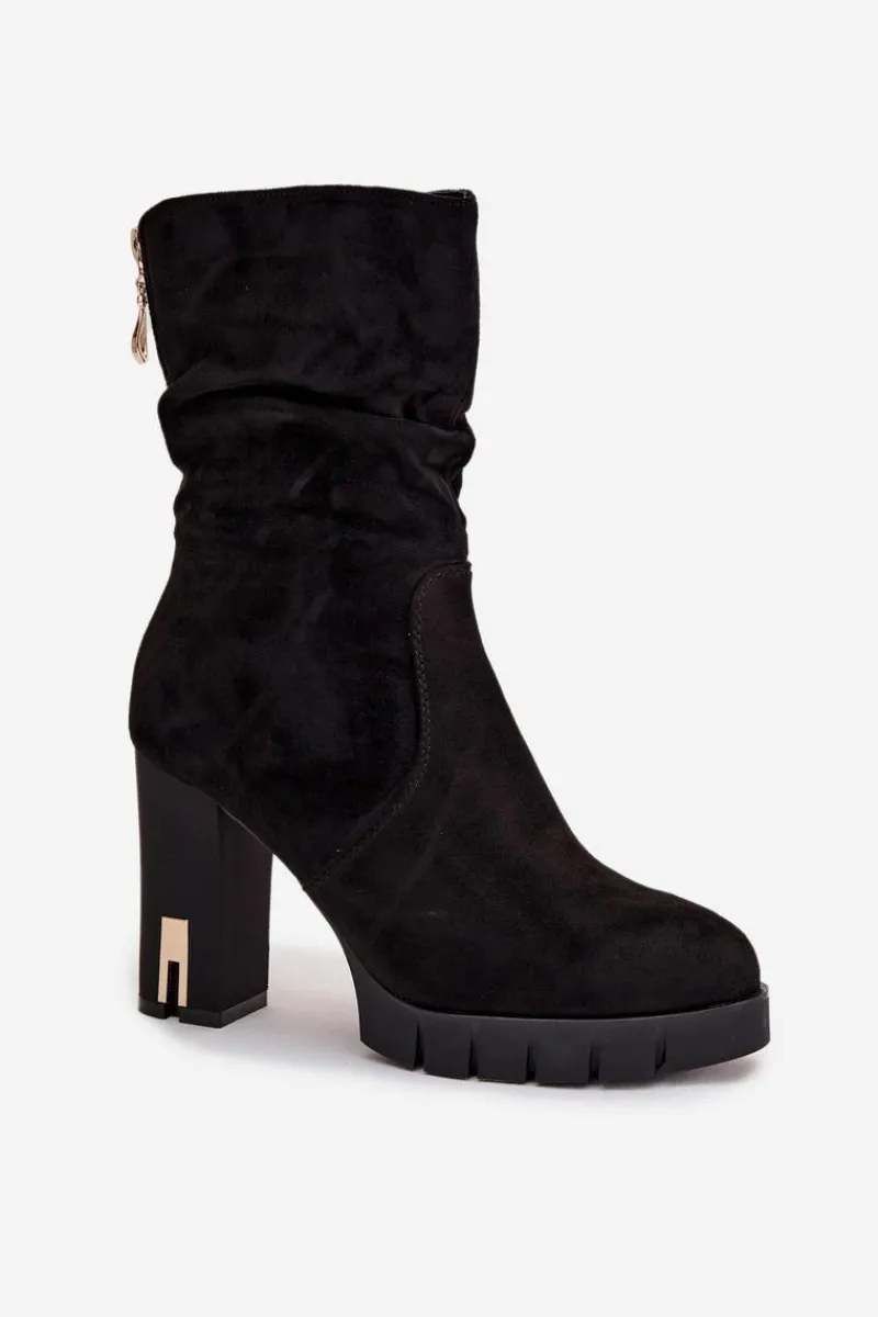 Botki Ocieplane|Botki Na Słupku>Boto Ocieplane Botki Damskie Na Słupku Ze Złotym Zamkiem I Marszczeniem Czarne Briannae