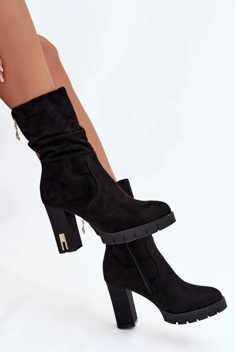 Botki Ocieplane|Botki Na Słupku>Boto Ocieplane Botki Damskie Na Słupku Ze Złotym Zamkiem I Marszczeniem Czarne Briannae