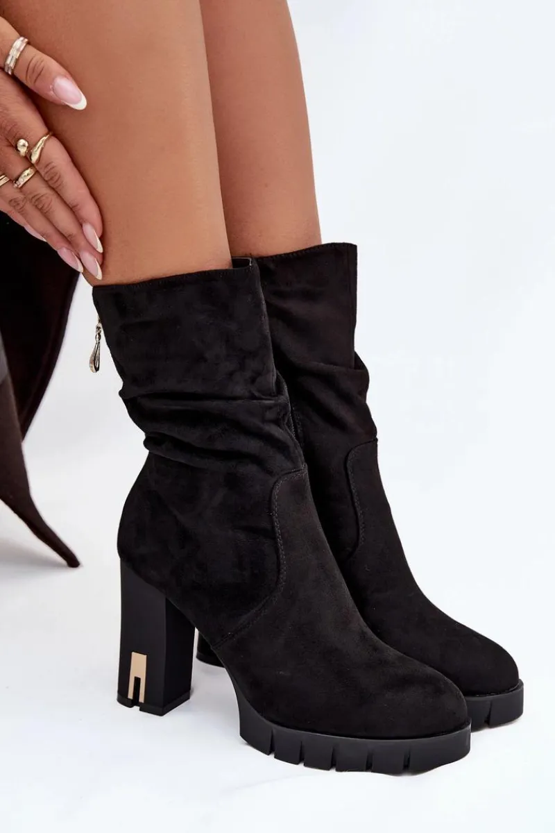 Botki Ocieplane|Botki Na Słupku>Boto Ocieplane Botki Damskie Na Słupku Ze Złotym Zamkiem I Marszczeniem Czarne Briannae