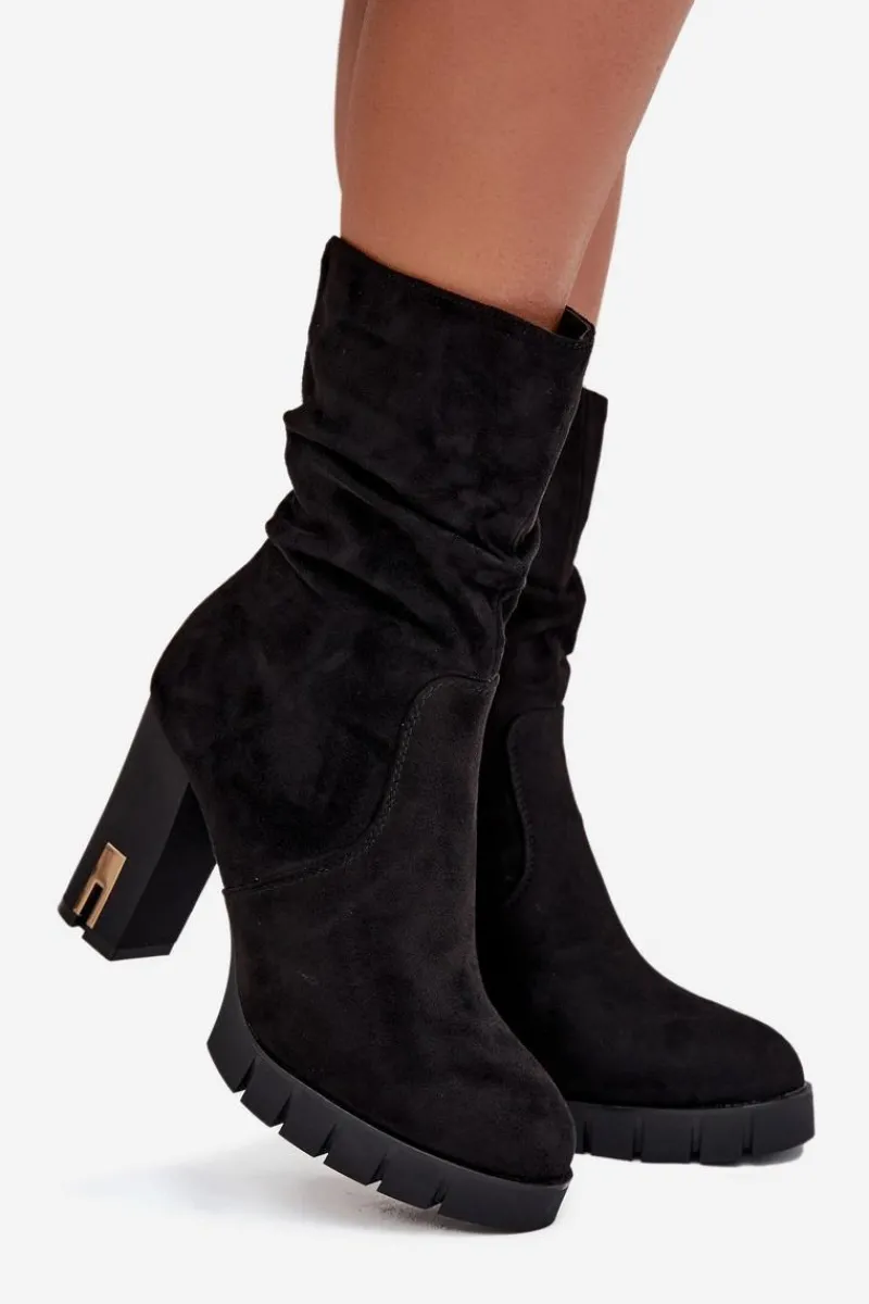 Botki Ocieplane|Botki Na Słupku>Boto Ocieplane Botki Damskie Na Słupku Ze Złotym Zamkiem I Marszczeniem Czarne Briannae