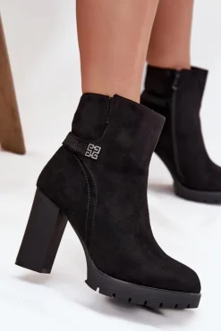 Botki Ocieplane|Botki Na Słupku>Boto Ocieplane Botki Damskie Na Słupku Z Ozdobnym Paskiem Czarne Zayna