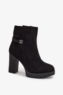 Botki Ocieplane|Botki Na Słupku>Boto Ocieplane Botki Damskie Na Słupku Z Ozdobnym Paskiem Czarne Zayna