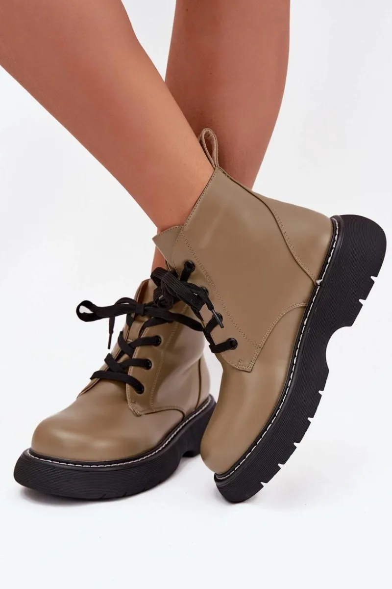 Clearance Boto Ocieplane Botki Damskie Na Platformie Sznurowane Zielone Harmine Zielony