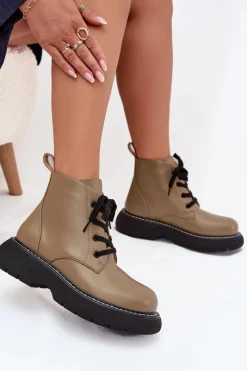 Clearance Boto Ocieplane Botki Damskie Na Platformie Sznurowane Zielone Harmine Zielony