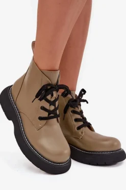 Clearance Boto Ocieplane Botki Damskie Na Platformie Sznurowane Zielone Harmine Zielony