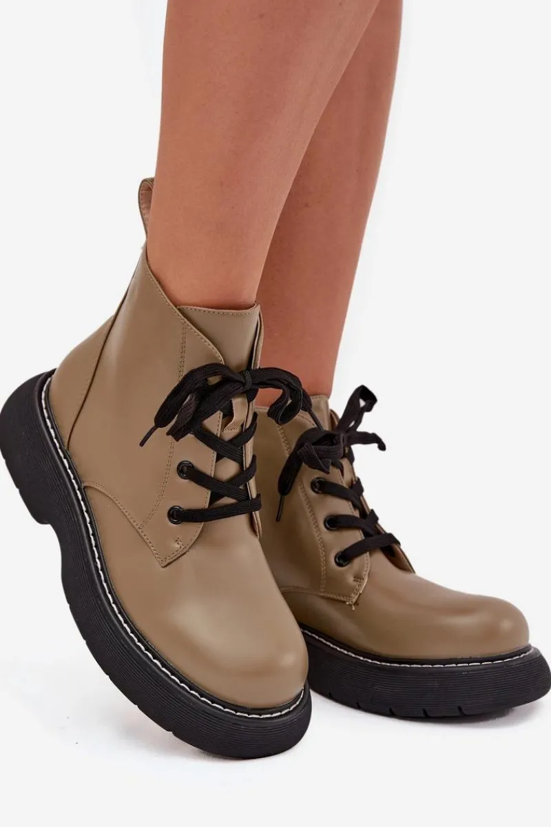 Clearance Boto Ocieplane Botki Damskie Na Platformie Sznurowane Zielone Harmine Zielony