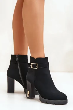 Botki Ocieplane|Botki Na Słupku>Boto Ocieplane Botki Damskie Na Słupku Ze Złotą Klamrą Czarne Taitra