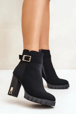 Botki Ocieplane|Botki Na Słupku>Boto Ocieplane Botki Damskie Na Słupku Ze Złotą Klamrą Czarne Taitra