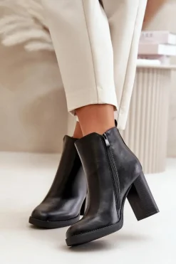 Best Boto Ocieplane Botki Damskie Na Słupku Eko Skórzane Czarne Teresine