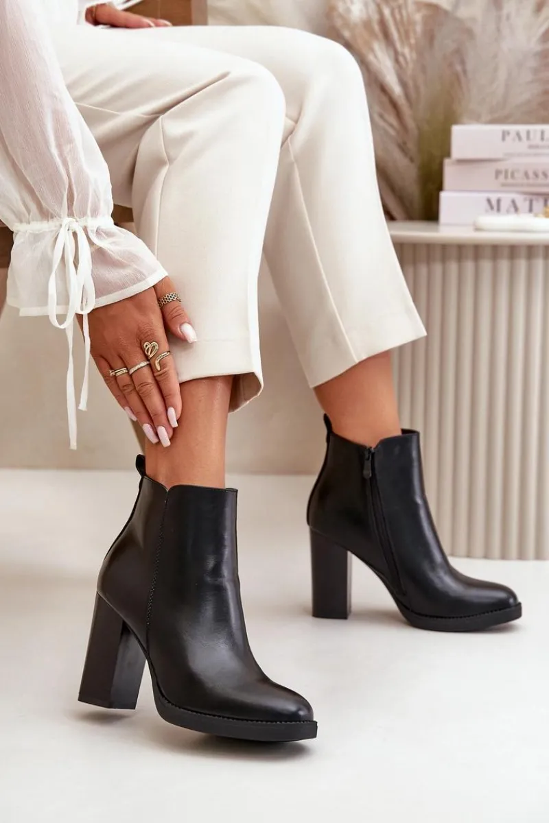 Best Boto Ocieplane Botki Damskie Na Słupku Eko Skórzane Czarne Teresine