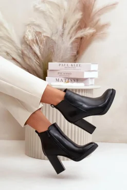 Best Boto Ocieplane Botki Damskie Na Słupku Eko Skórzane Czarne Teresine