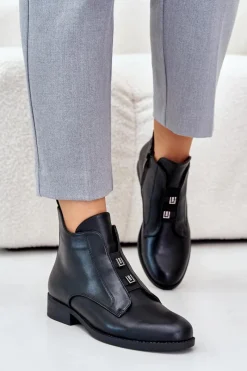 Botki Ocieplane|Czarne Botki>Damskie buty S.Barski Ocieplane Botki Damskie Na Płaskim Obcasie Z Eko Skóry S.Barski HY42-716 Czarne