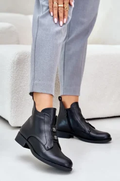 Botki Ocieplane|Czarne Botki>Damskie buty S.Barski Ocieplane Botki Damskie Na Płaskim Obcasie Z Eko Skóry S.Barski HY42-716 Czarne