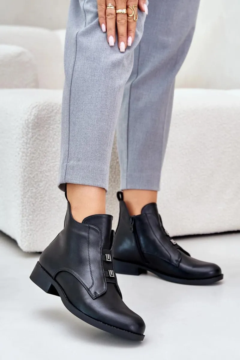 Botki Ocieplane|Czarne Botki>Damskie buty S.Barski Ocieplane Botki Damskie Na Płaskim Obcasie Z Eko Skóry S.Barski HY42-716 Czarne