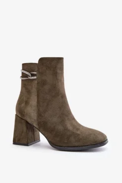 Sale Ocieplane Botki Damskie Na Słupku Eko Zamszowe Ciemnozielone Saivia Damskie Brązowe I Beżowe Botki|Botki Na Obcasie