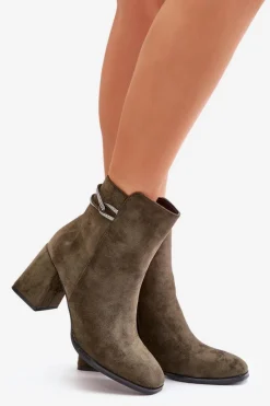 Sale Ocieplane Botki Damskie Na Słupku Eko Zamszowe Ciemnozielone Saivia Damskie Brązowe I Beżowe Botki|Botki Na Obcasie