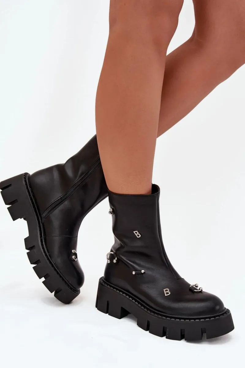 Sale Boto Ocieplane Botki Damskie Na Zamek Z Ozdobami Czarne Thavira