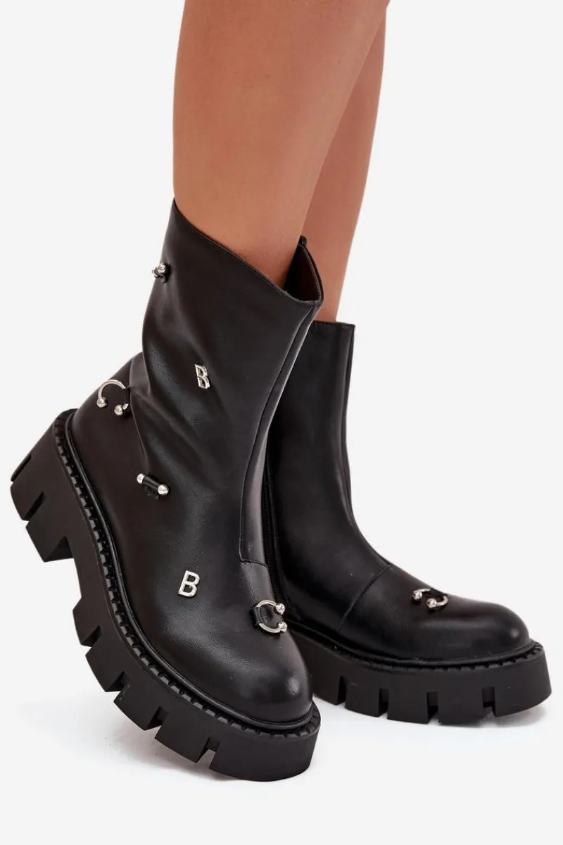 Sale Boto Ocieplane Botki Damskie Na Zamek Z Ozdobami Czarne Thavira