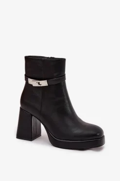 Boto Ocieplane Botki Damskie Na Słupku Z Ozdobnym Paskiem Czarne Giordina