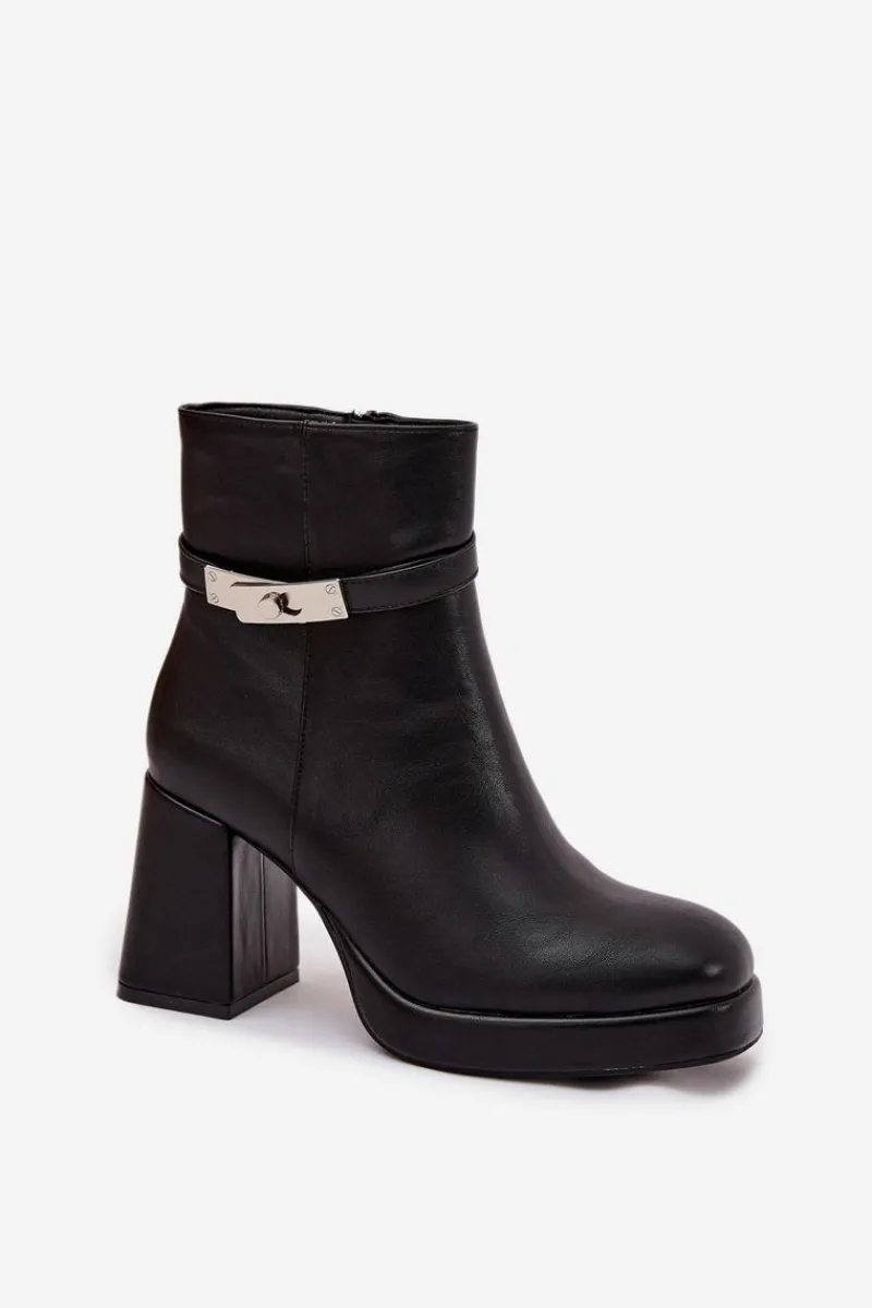 Boto Ocieplane Botki Damskie Na Słupku Z Ozdobnym Paskiem Czarne Giordina