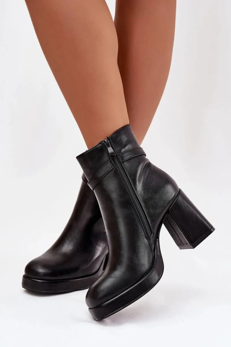 Boto Ocieplane Botki Damskie Na Słupku Z Ozdobnym Paskiem Czarne Giordina