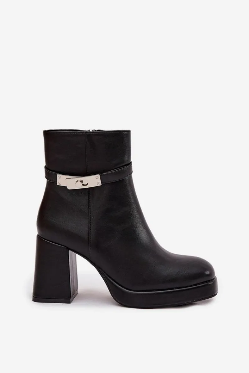 Boto Ocieplane Botki Damskie Na Słupku Z Ozdobnym Paskiem Czarne Giordina