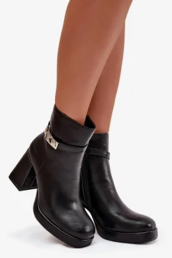 Boto Ocieplane Botki Damskie Na Słupku Z Ozdobnym Paskiem Czarne Giordina