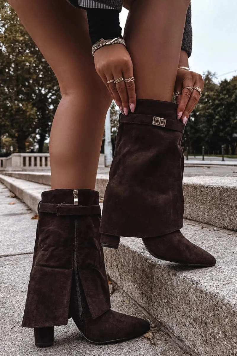 Botki Na Słupku|Botki Zimowe Damskie>Boto Ocieplane Botki Damskie Na Słupku Z Ozdobnym Paskiem Czekoladowe Luvielle