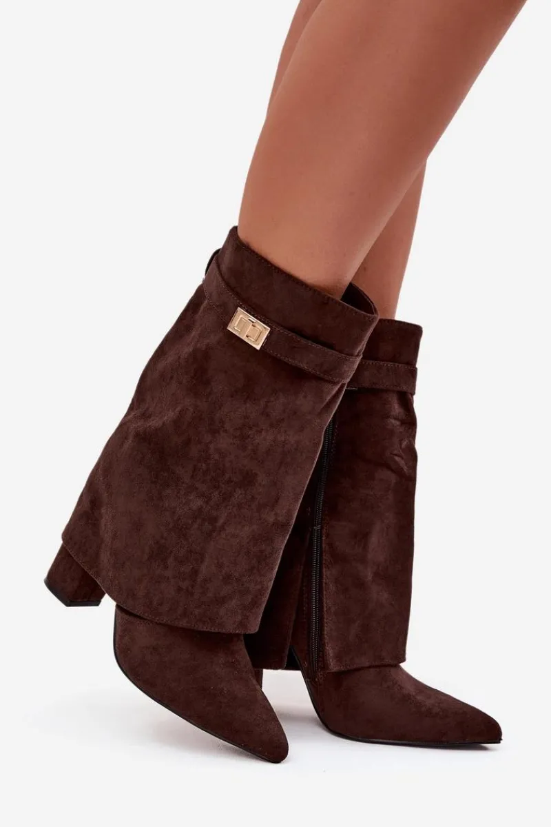 Botki Na Słupku|Botki Zimowe Damskie>Boto Ocieplane Botki Damskie Na Słupku Z Ozdobnym Paskiem Czekoladowe Luvielle