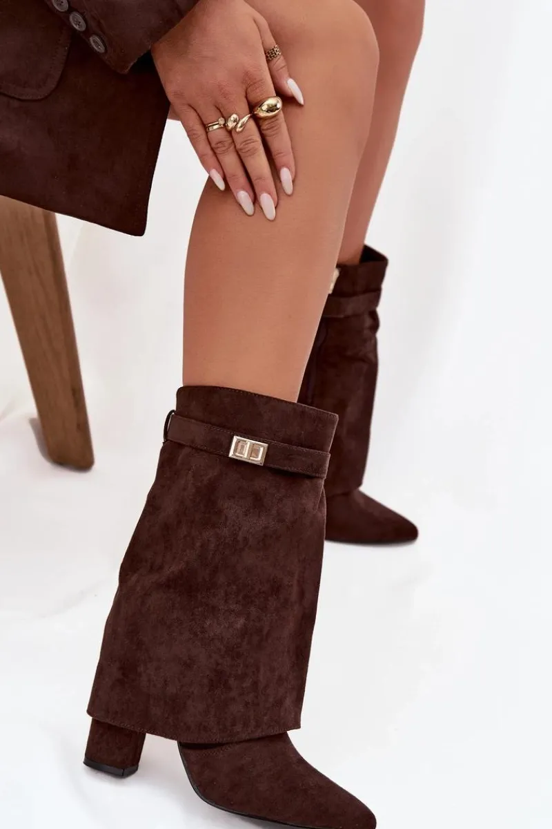 Botki Na Słupku|Botki Zimowe Damskie>Boto Ocieplane Botki Damskie Na Słupku Z Ozdobnym Paskiem Czekoladowe Luvielle