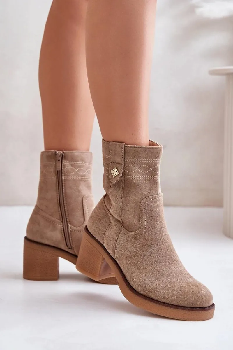 Clearance Boto Ocieplane Botki Damskie Na Obcasie Słupku Beżowe Vailia Beżowy