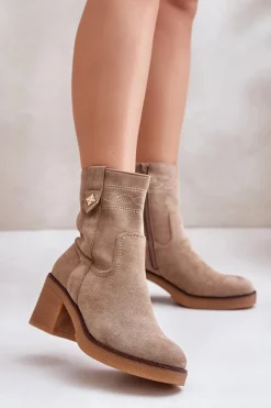 Clearance Boto Ocieplane Botki Damskie Na Obcasie Słupku Beżowe Vailia Beżowy