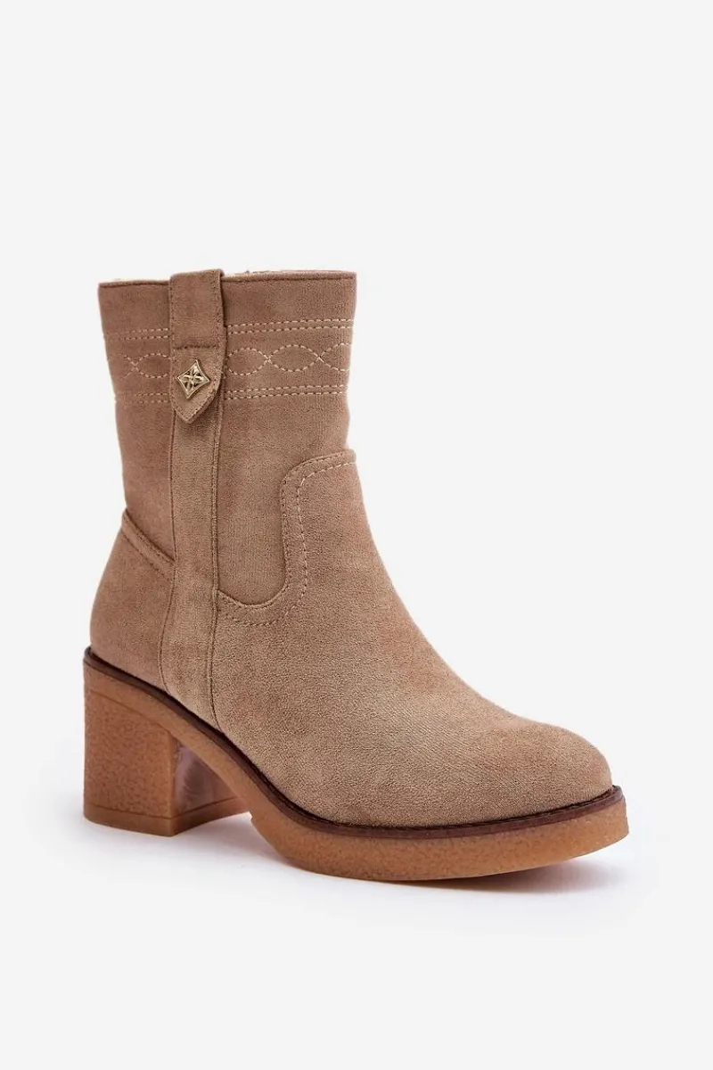 Clearance Boto Ocieplane Botki Damskie Na Obcasie Słupku Beżowe Vailia Beżowy